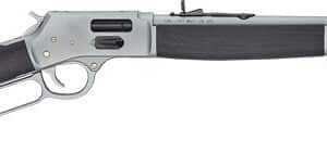 Lever-action rifle with black stock and silver barrel.
