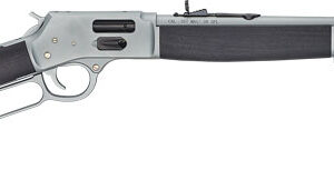 Lever-action rifle with black stock and silver barrel.