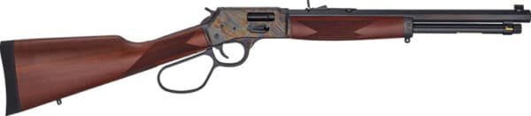 Lever-action rifle with wooden stock.
