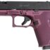 Purple handgun with textured grip, side view.
