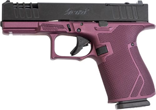 gl19chy left.jpg Purple handgun with textured grip, side view.