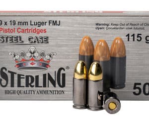 Sterling 9mm Luger FMJ ammunition box and bullets.
