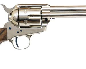 Silver revolver with wooden grip, six-shooter design.