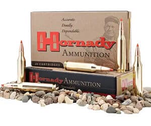 Hornady ammunition boxes and rifle cartridges display.