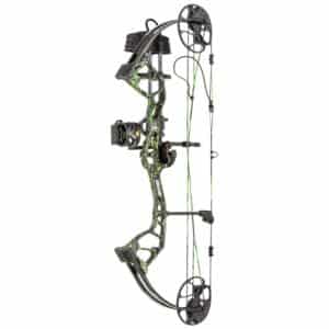 Camo compound bow with green strings.