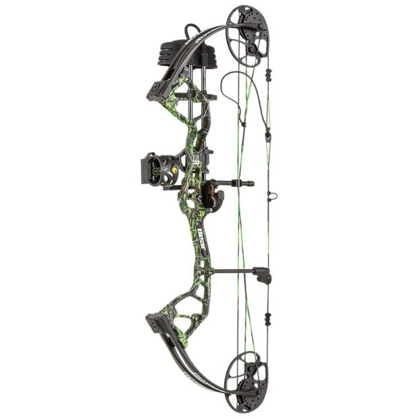 Camo compound bow with green strings.