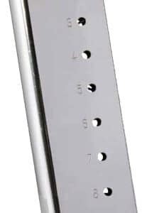 Stainless steel gun magazine with eight rounds capacity.