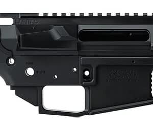 Black firearm receiver with detailed engravings