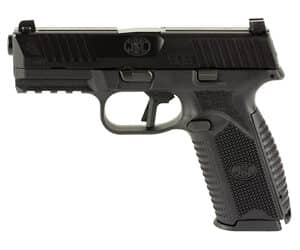 Black semi-automatic handgun, side view.