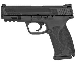 Black semi-automatic handgun on white background