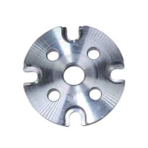 Metal circular industrial component with holes and grooves.