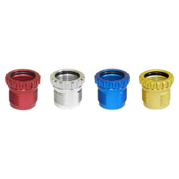 Colorful threaded metal spacers lined up