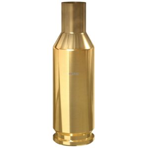 Brass rifle cartridge casing, detailed view.