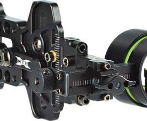 Archery sight with adjustment knobs and sight ring.