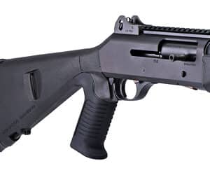 Close-up of a tactical shotgun stock and grip.