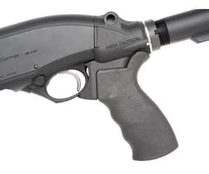 Close-up of black tactical shotgun grip and trigger.