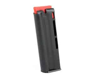 Gun magazine with red follower and black casing.
