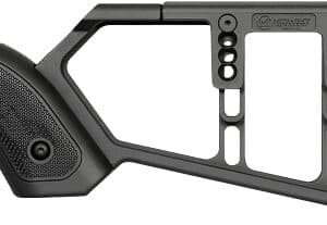 Black tactical rifle stock with adjustable features.