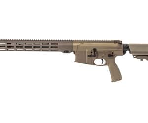 Tan semiautomatic rifle with long barrel and stock.