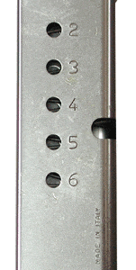 Six-round pistol magazine, stainless steel finish