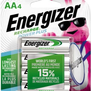 Energizer AA batteries with recycled materials, eco-friendly packaging.
