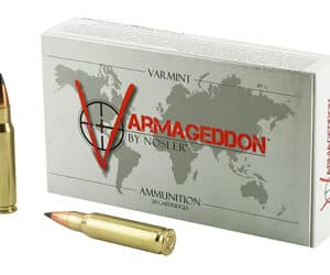 Nosler Varmageddon ammunition box and bullets