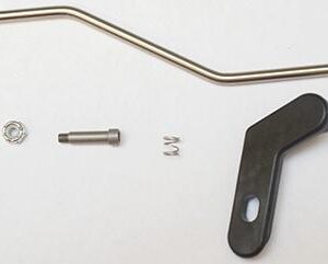 Metal parts and components set on white background.