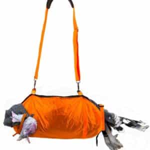 Orange hunting bag with game birds attached