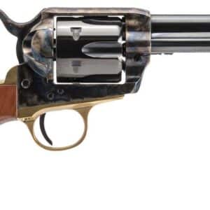 Vintage revolver firearm with wooden grip.