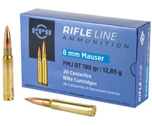 8mm Mauser rifle ammunition box and bullets