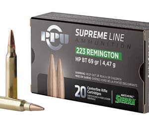 PPU .223 Remington ammunition box with cartridges.