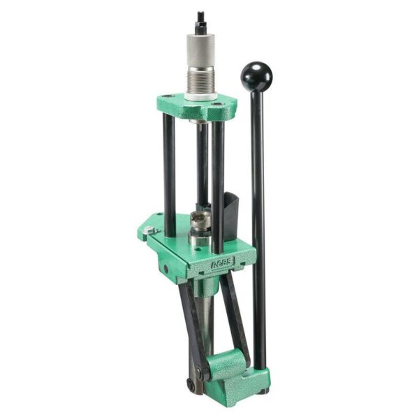 Green reloading press with handle and die installed.