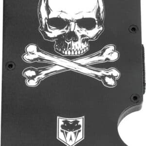 Black wallet with skull and crossbones design.