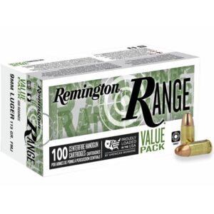 Remington 9mm Luger ammunition box with cartridges.