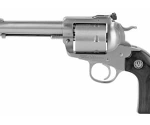 Silver revolver with wooden grip side view