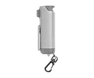 Gray pepper spray with keychain attachment.