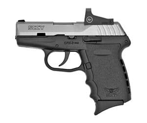 Compact handgun with red dot sight attachment.