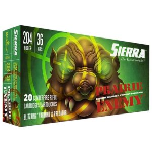 Sierra Prairie Enemy rifle cartridges box, green design.