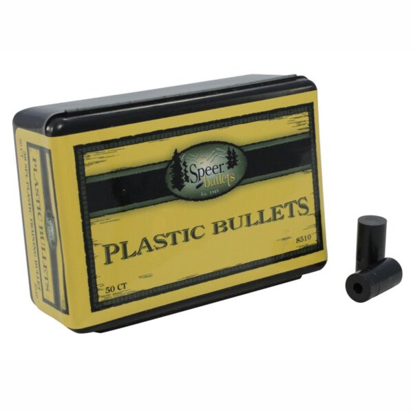 Box of Speer plastic bullets on display.