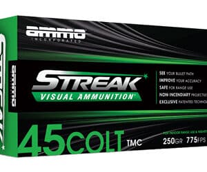 Streak 45 Colt ammunition packaging, 50 rounds, visual technology.