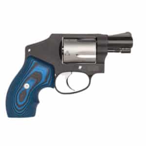 Black revolver with blue grip handle