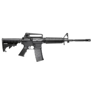 Black AR-style rifle with adjustable stock.