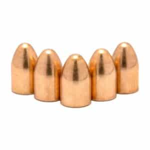 Five copper-colored bullet casings lined up