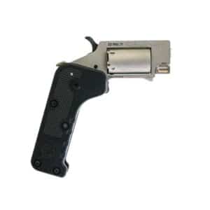 Pocket-size foldable revolver with black grip.