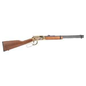 Lever-action rifle with wooden stock and engraved receiver.