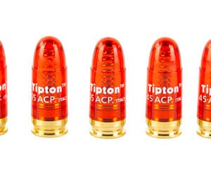 Five red Tipton 45 ACP snap caps.