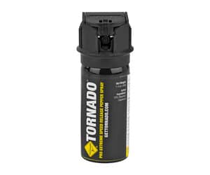Tornado pepper spray canister, black and yellow design.