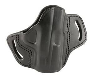 Black leather gun holster with belt loops.