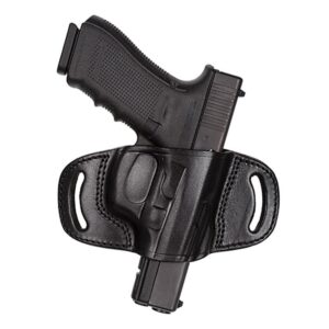 Black gun in leather holster, side view