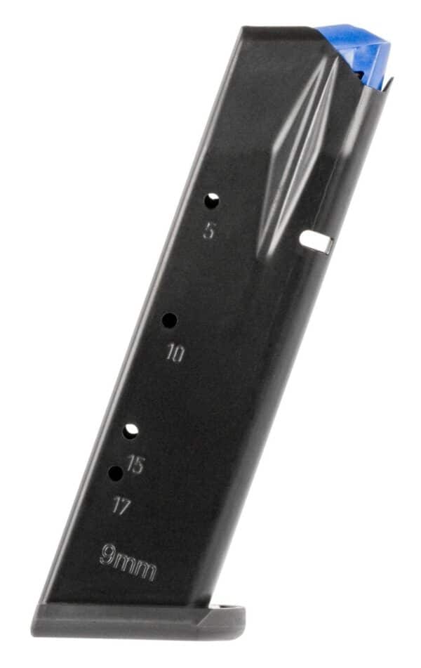 Black 9mm gun magazine with round counts visible.